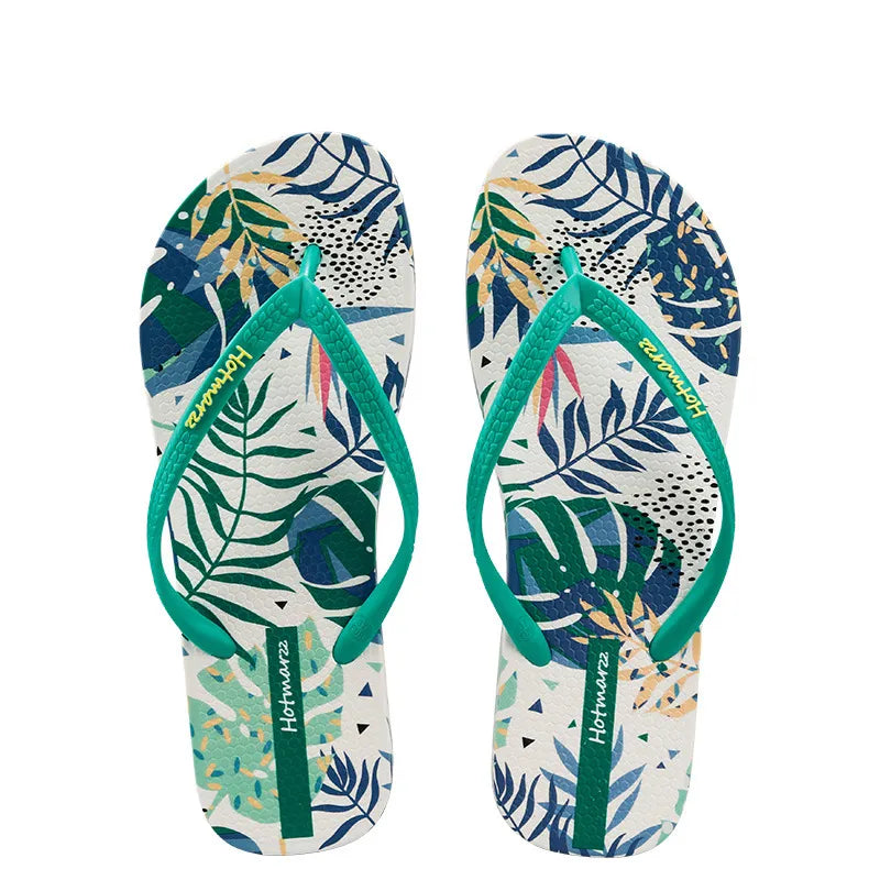 Tropical Leaf Print Summer Flip Flops