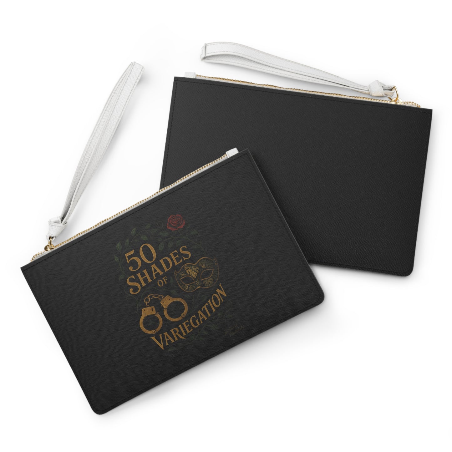 50 Shades of Variegation Clutch Bag — Novelty Black Wristlet with Handcuffs & Mask Design