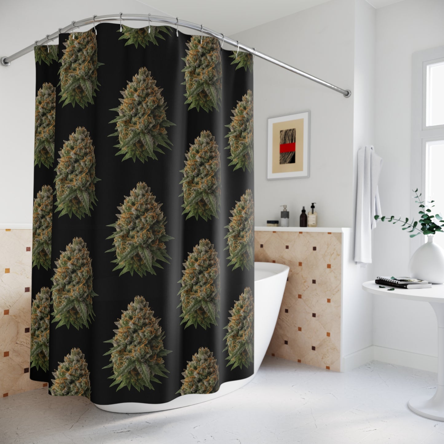 Shower Curtain — Repeating Cannabis Bud Pattern | Botanical Marijuana Bathroom Decor