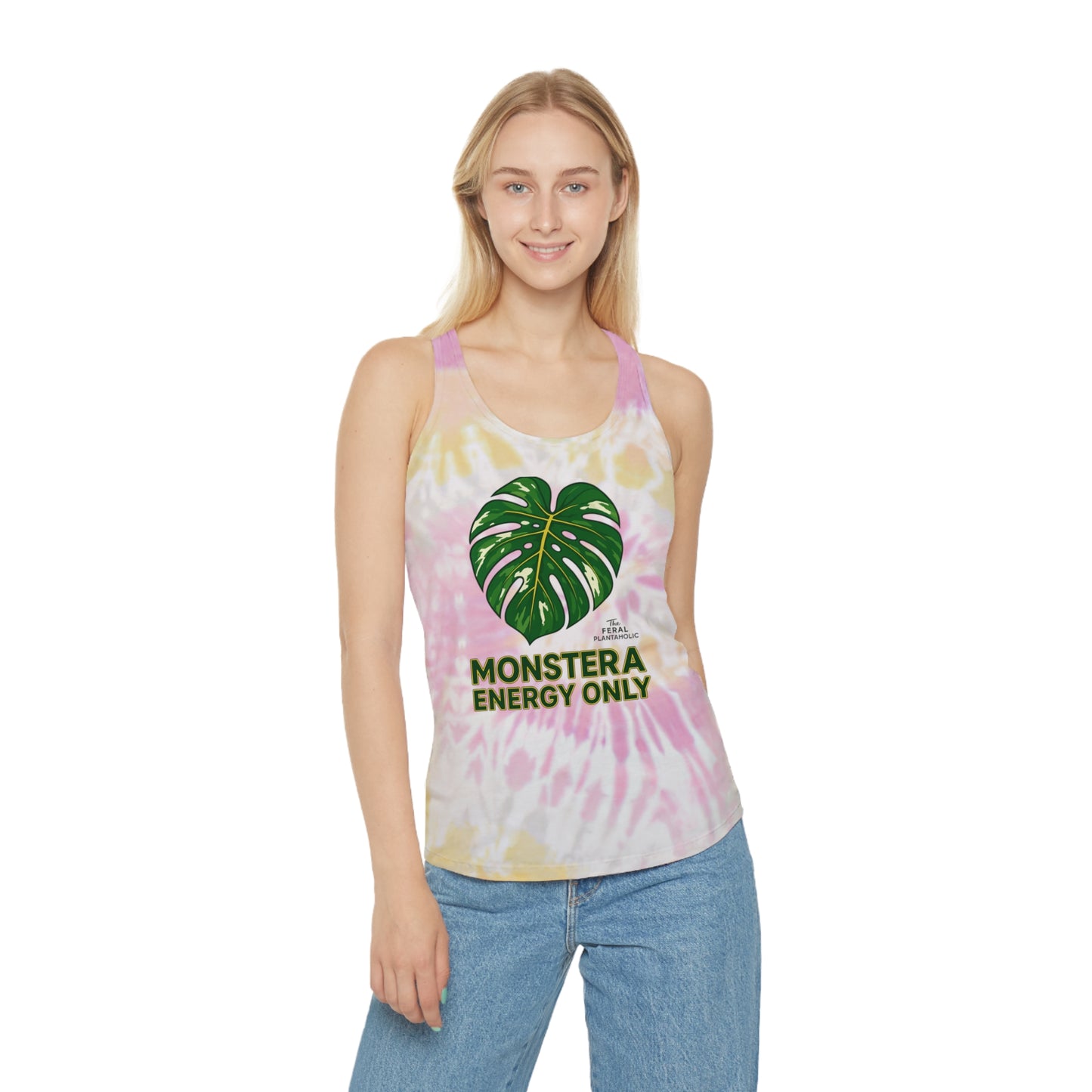 Copy of Tie Dye Racerback Tank Top with Monstera Design, Summer Apparel, Beachwear, Eco-Friendly Fitness Top, Casual Women's Wear