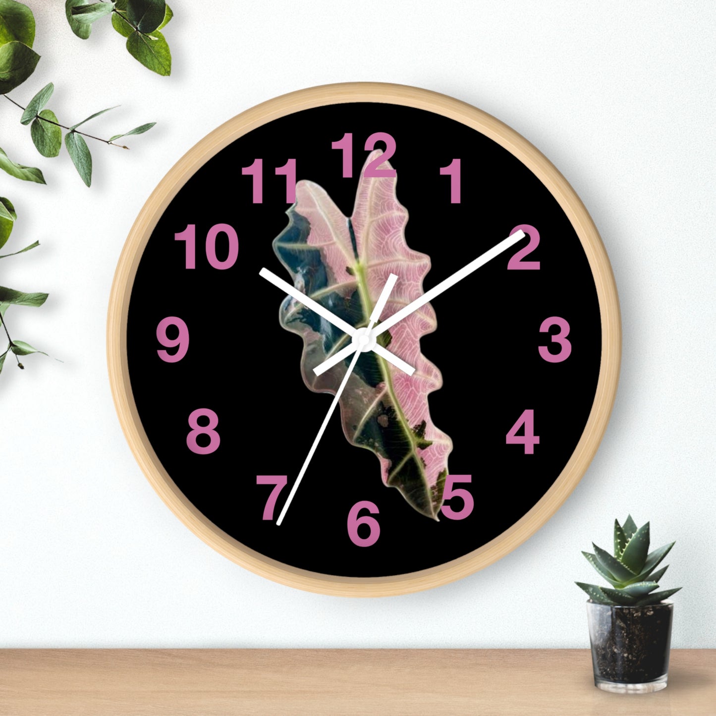 Pink Variegated Leaf Wall Clock — Botanical Nature Decor