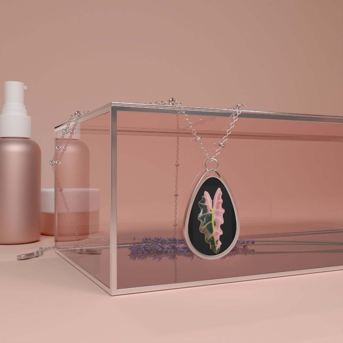 Pink Leaf Oval Necklace — Botanical Teardrop Pendant