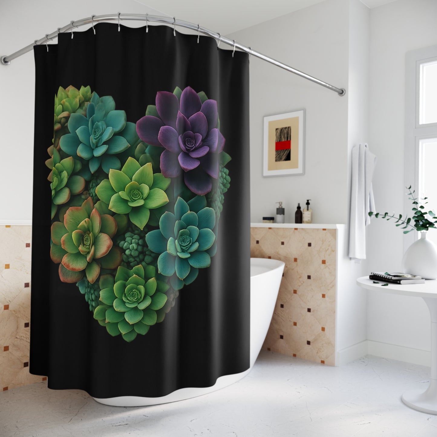 Succulent Heart Shower Curtain — Botanical Green & Purple Bathroom Decor