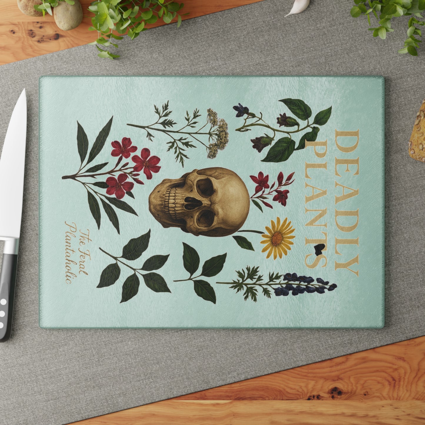 Glass Cutting Board — 'Deadly Plants' Floral Skull Decorative Kitchen Cutting Board