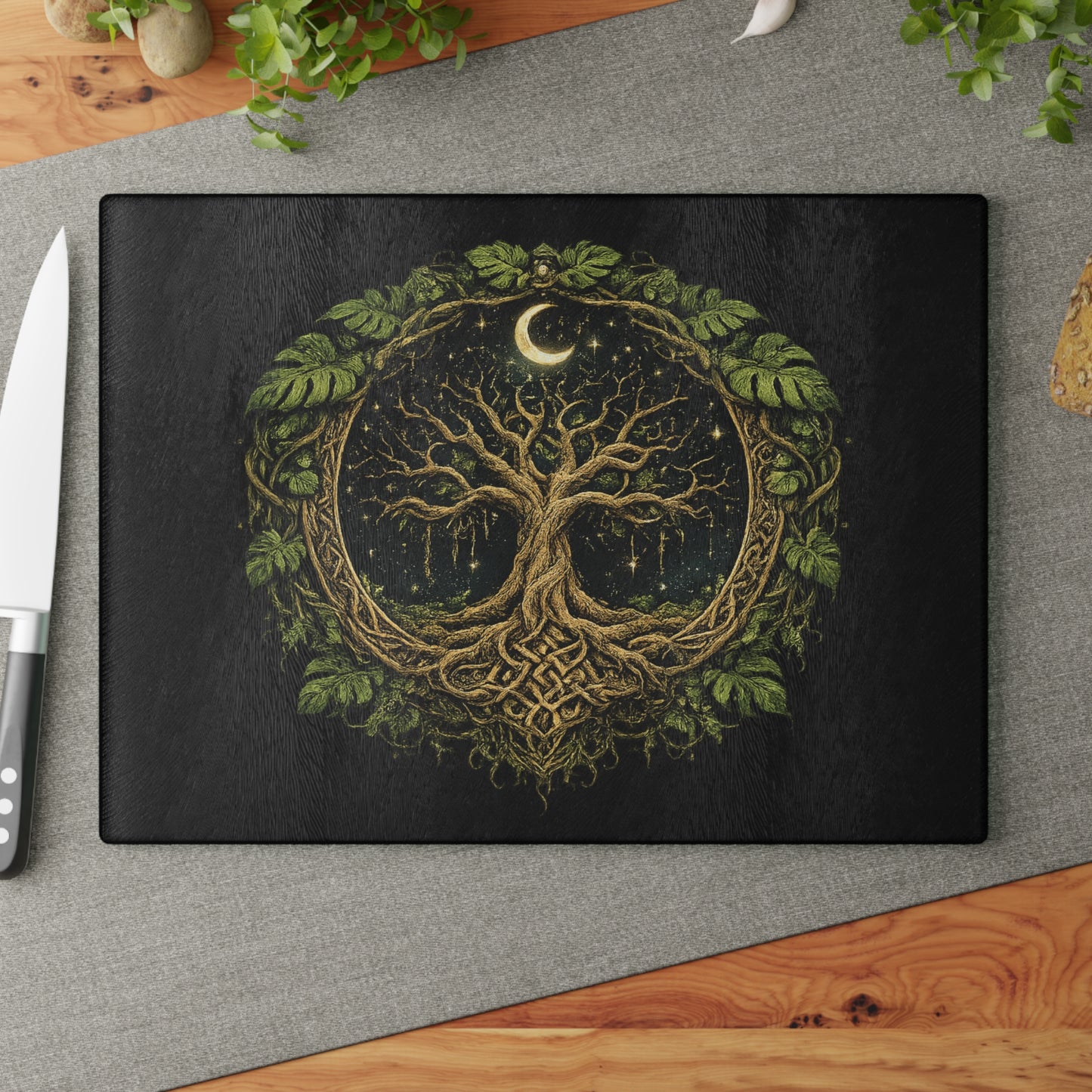 Glass Cutting Board — Celtic Tree of Life Moon Design