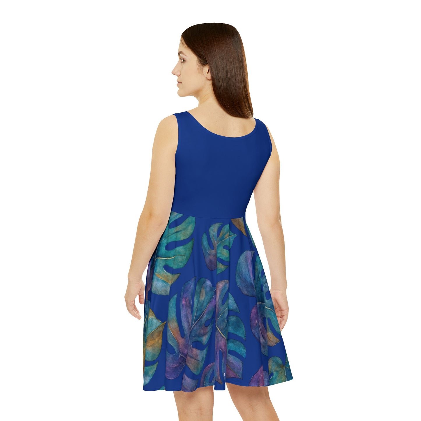 Tropical Leaf Skater Dress, Women's Casual Summer Dress, Beach Party Dress, Lightweight Flare Dress, Boho Style Dress, Floral Print Dress