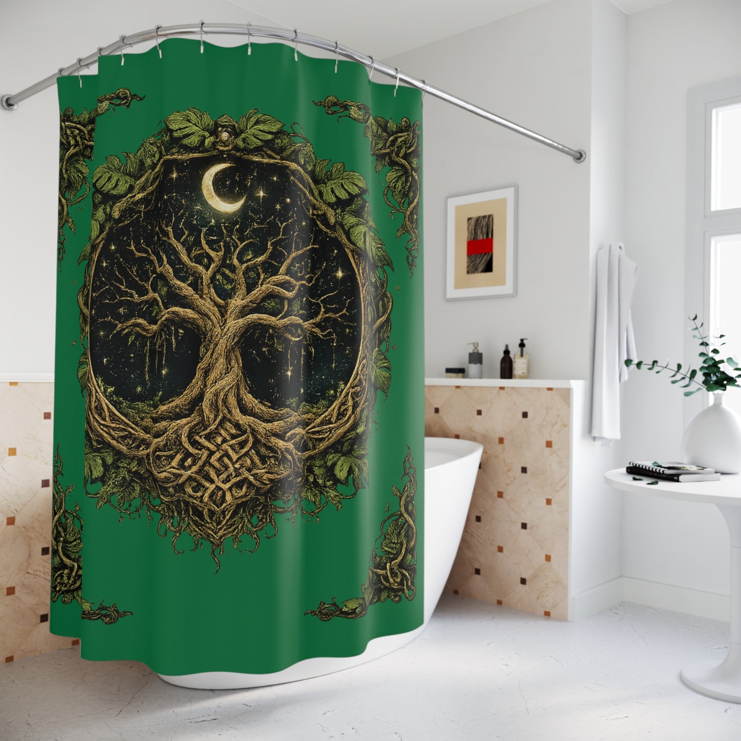Celtic Tree of Life Shower Curtain — Moonlit Green Mystical Bathroom Decor