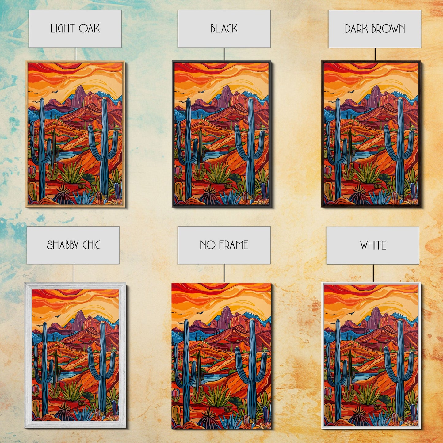 Framed Canvas Print, Bright Desert Landscape with Cacti and Mountains, Perfect Wall Art for Living Room or Bedroom