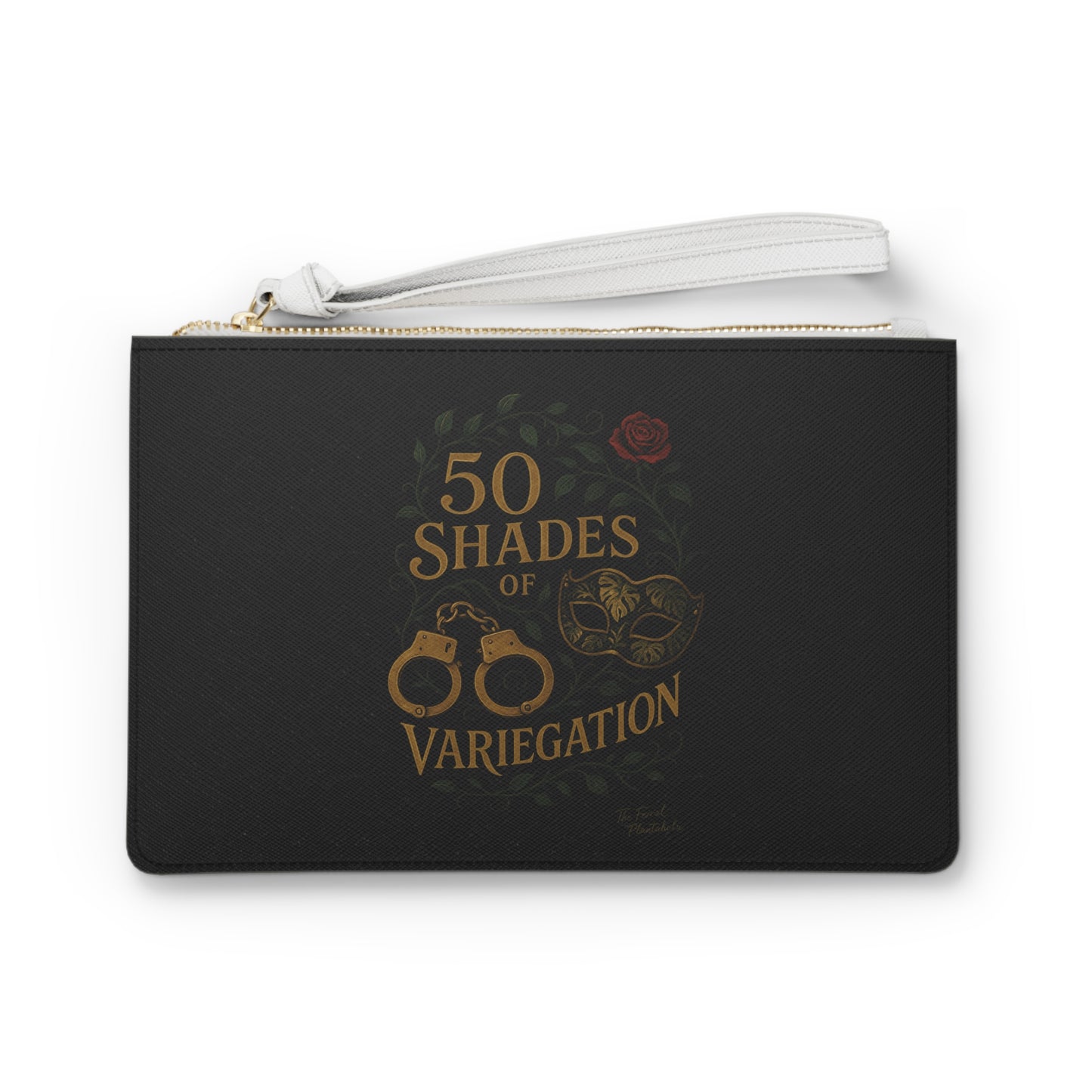 50 Shades of Variegation Clutch Bag — Novelty Black Wristlet with Handcuffs & Mask Design