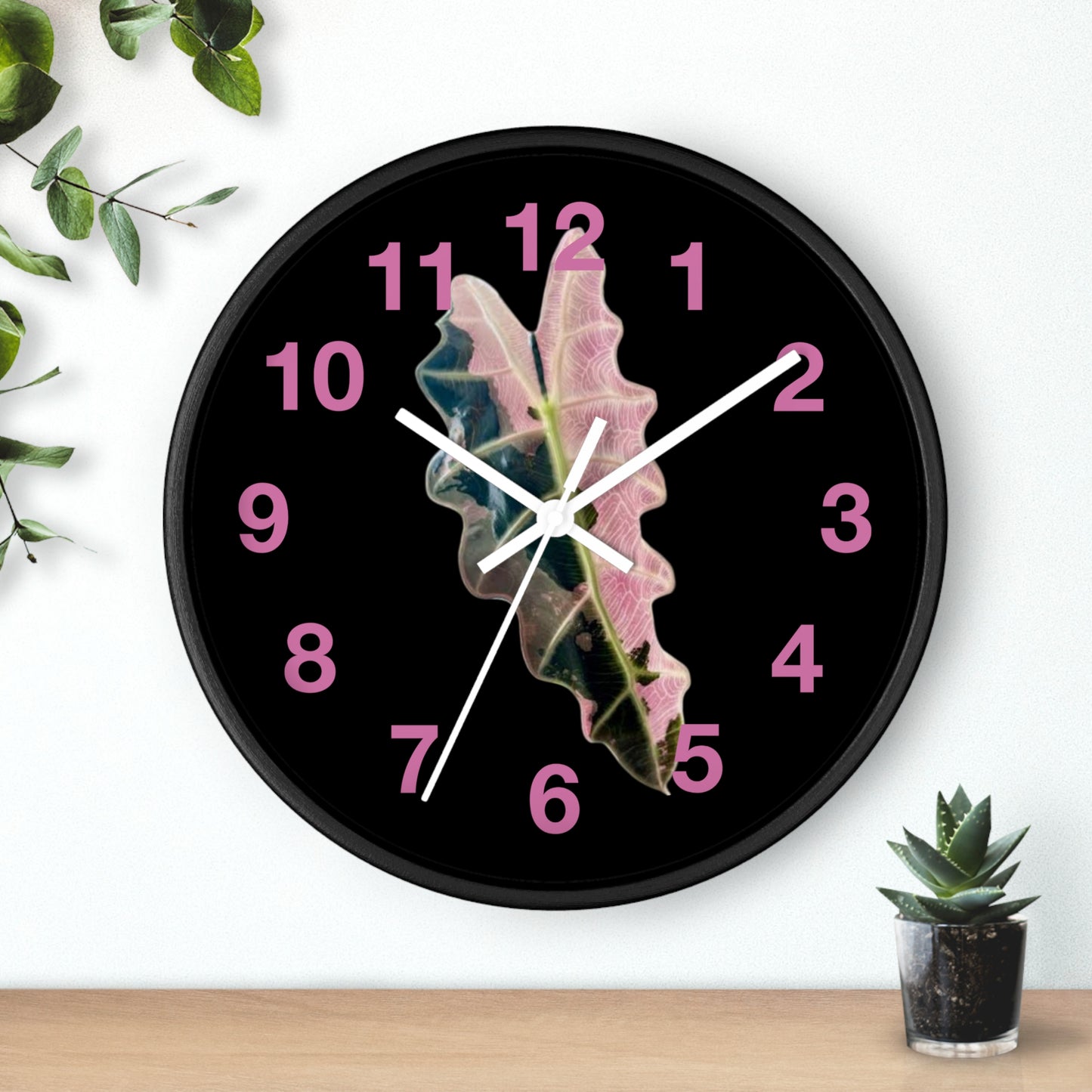 Pink Variegated Leaf Wall Clock — Botanical Nature Decor