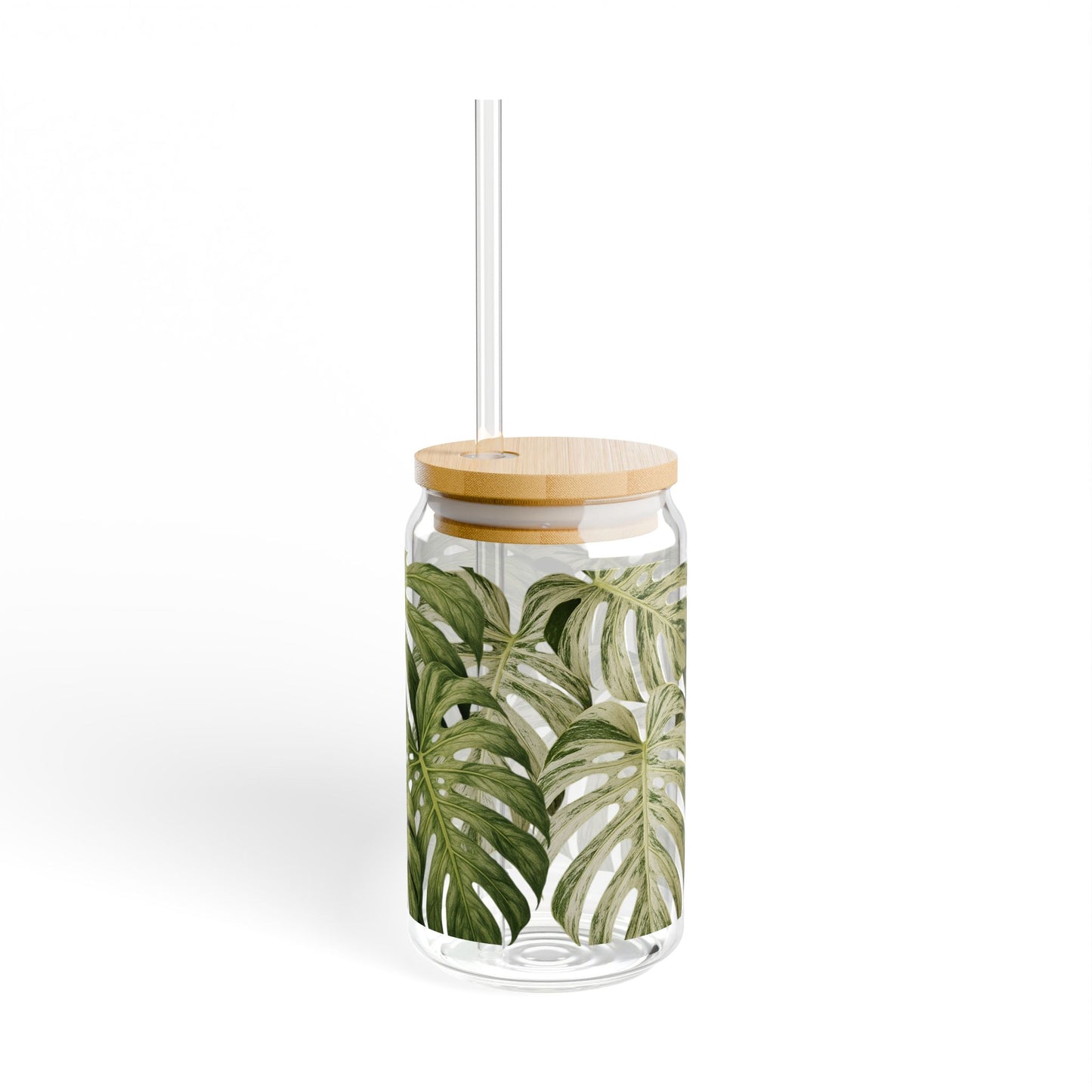 Monstera Leaf 16oz Glass Sipper with Bamboo Lid – Tropical Reusable Drink Cup
