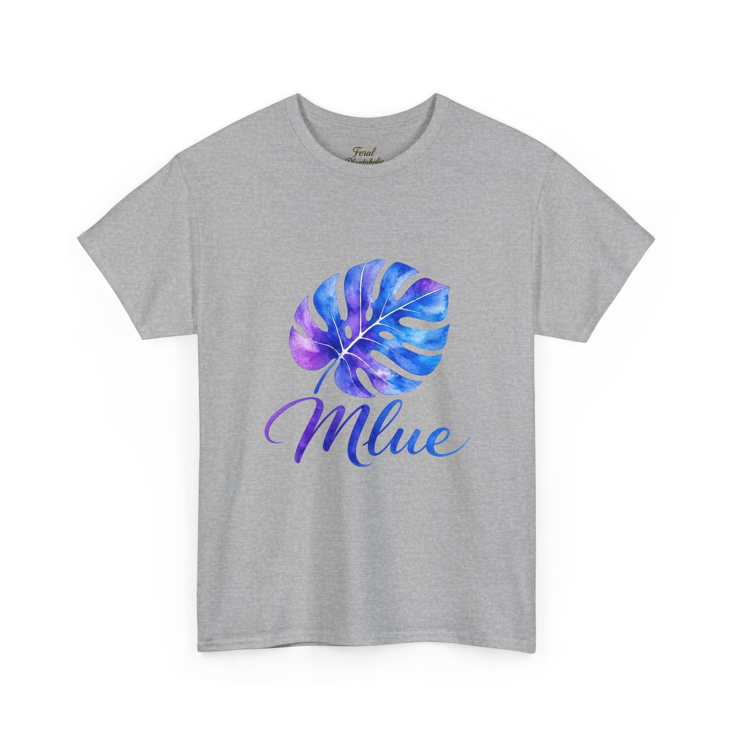 Blue Watercolor Monstera T‑Shirt — Tropical Leaf Graphic Tee with 'Blue' Script