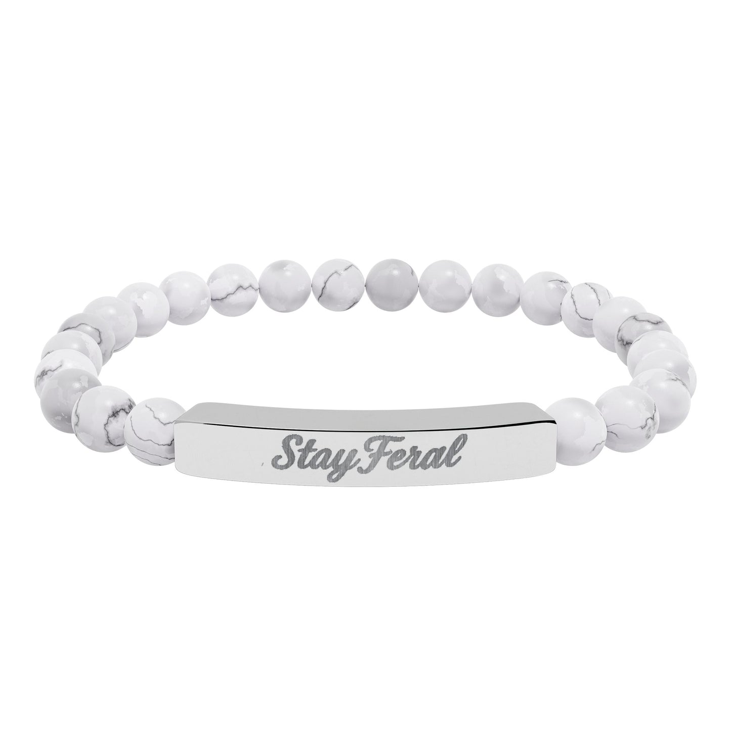 Engravable Natural Stone Bar Bracelet — Personalized Stretch Beaded Bracelet (e.g., "Stay Feral")