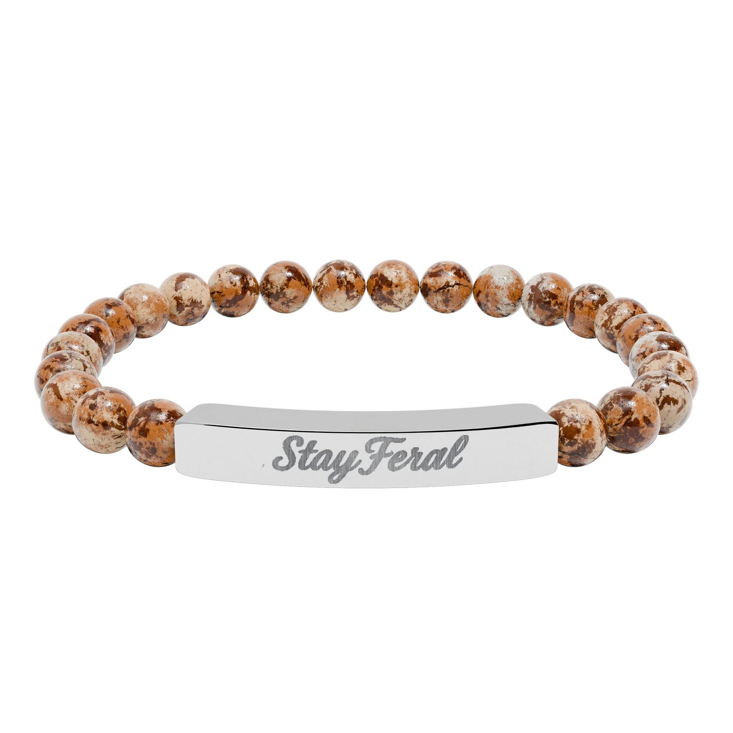 Engravable Natural Stone Bar Bracelet — Personalized Stretch Beaded Bracelet (e.g., "Stay Feral")