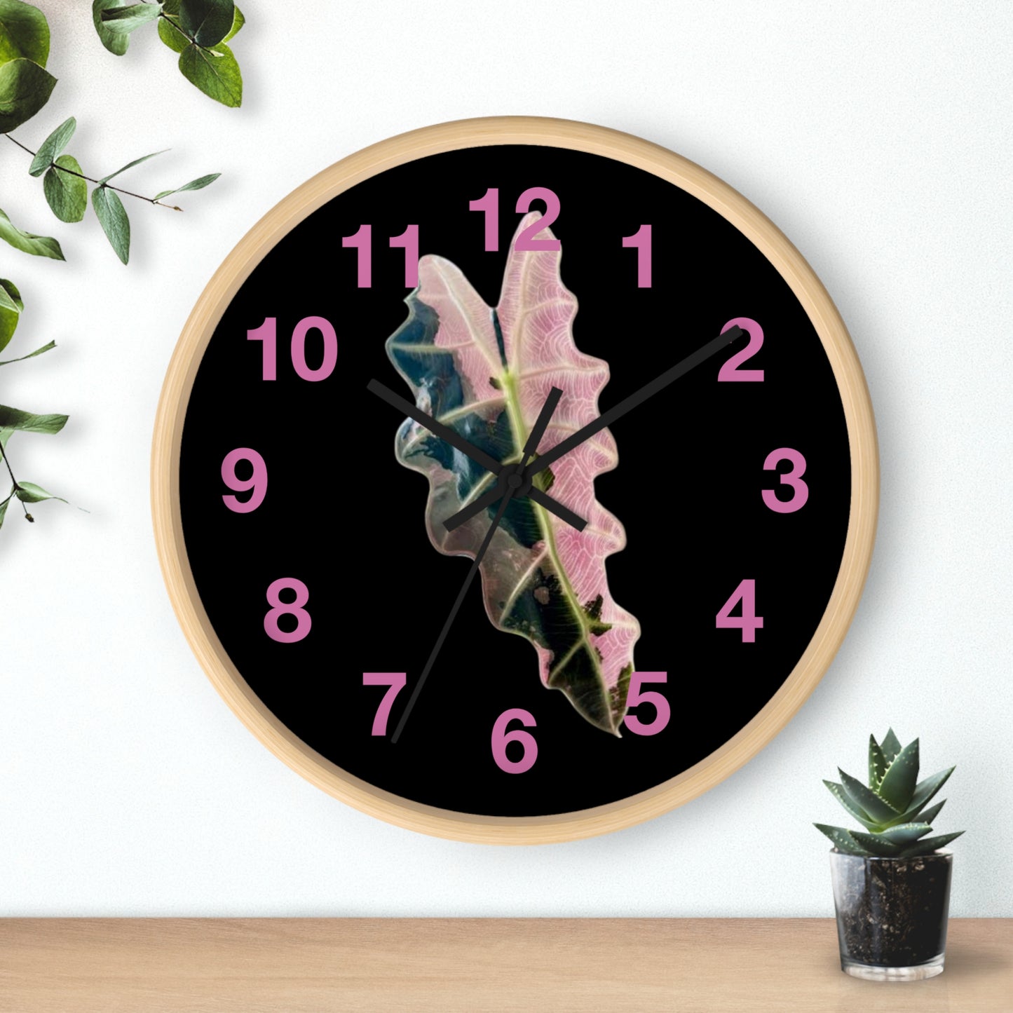 Pink Variegated Leaf Wall Clock — Botanical Nature Decor