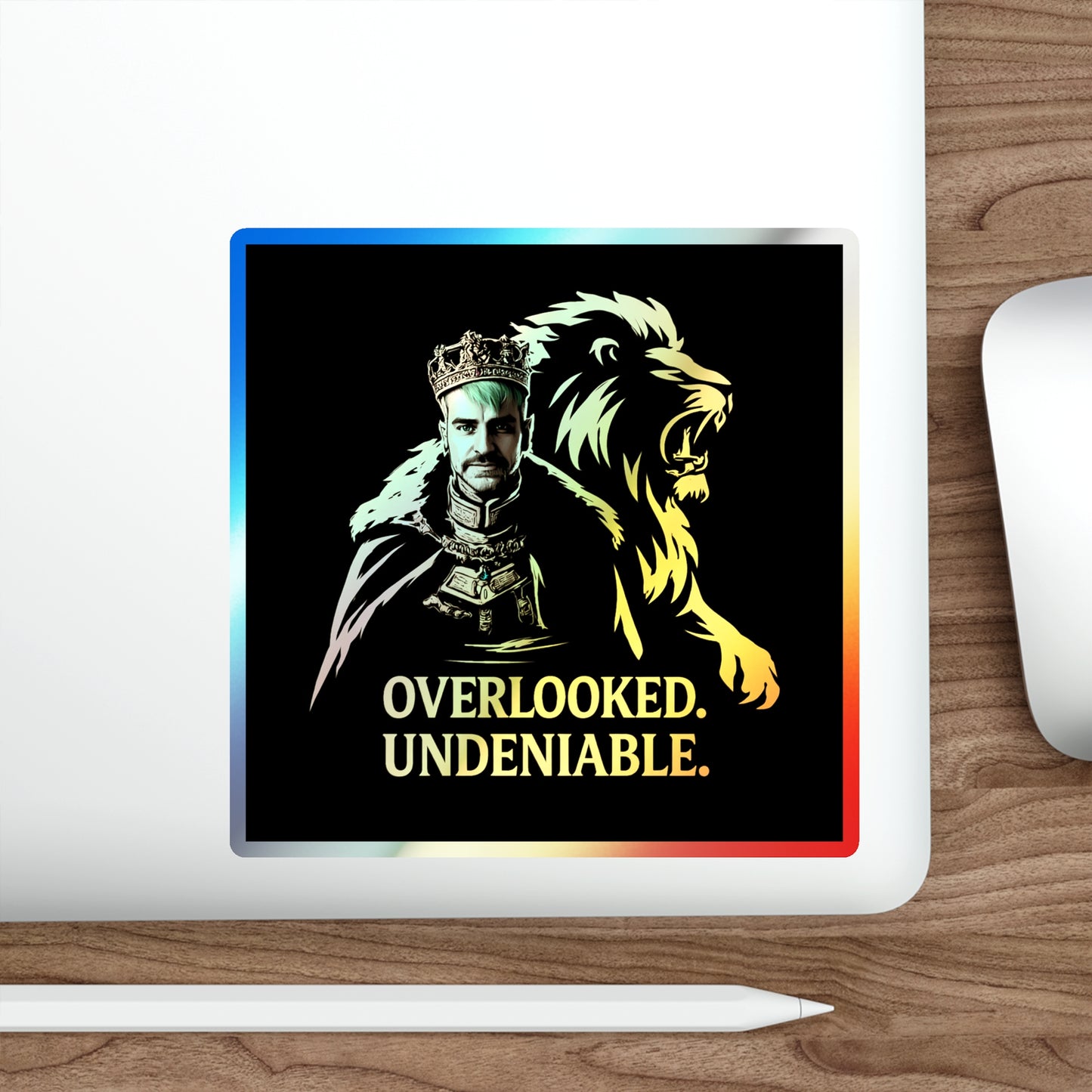 Holographic Lion Crest Sticker — “Overlooked. Undeniable.” Die-Cut Vinyl