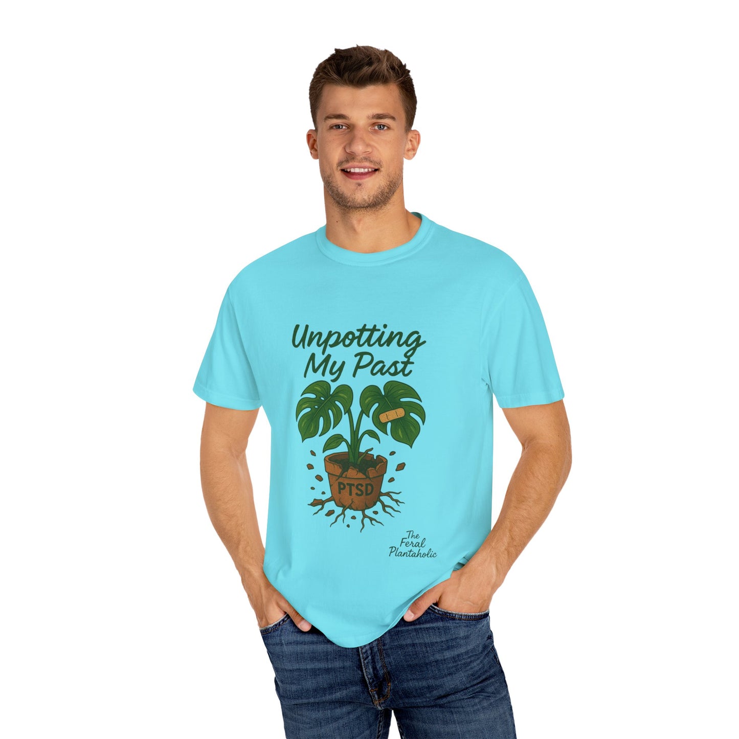 Unisex Garment-Dyed T-Shirt - "Unpotting My Past" with Monstera Design for Mental Health Awareness