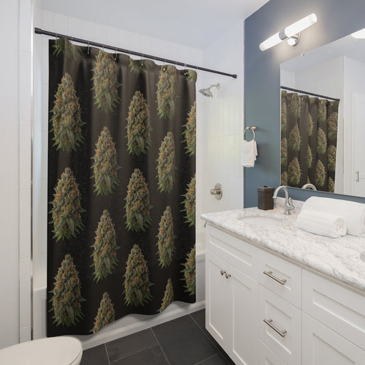 Shower Curtain — Repeating Cannabis Bud Pattern | Botanical Marijuana Bathroom Decor