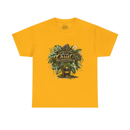 Christian Faith T-Shirt — "Christ Who Strengthens Me" Botanical Design