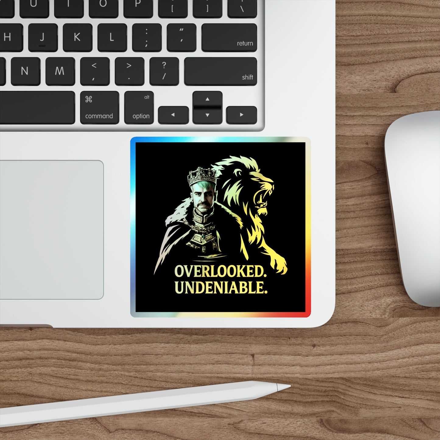 Holographic Lion Crest Sticker — “Overlooked. Undeniable.” Die-Cut Vinyl