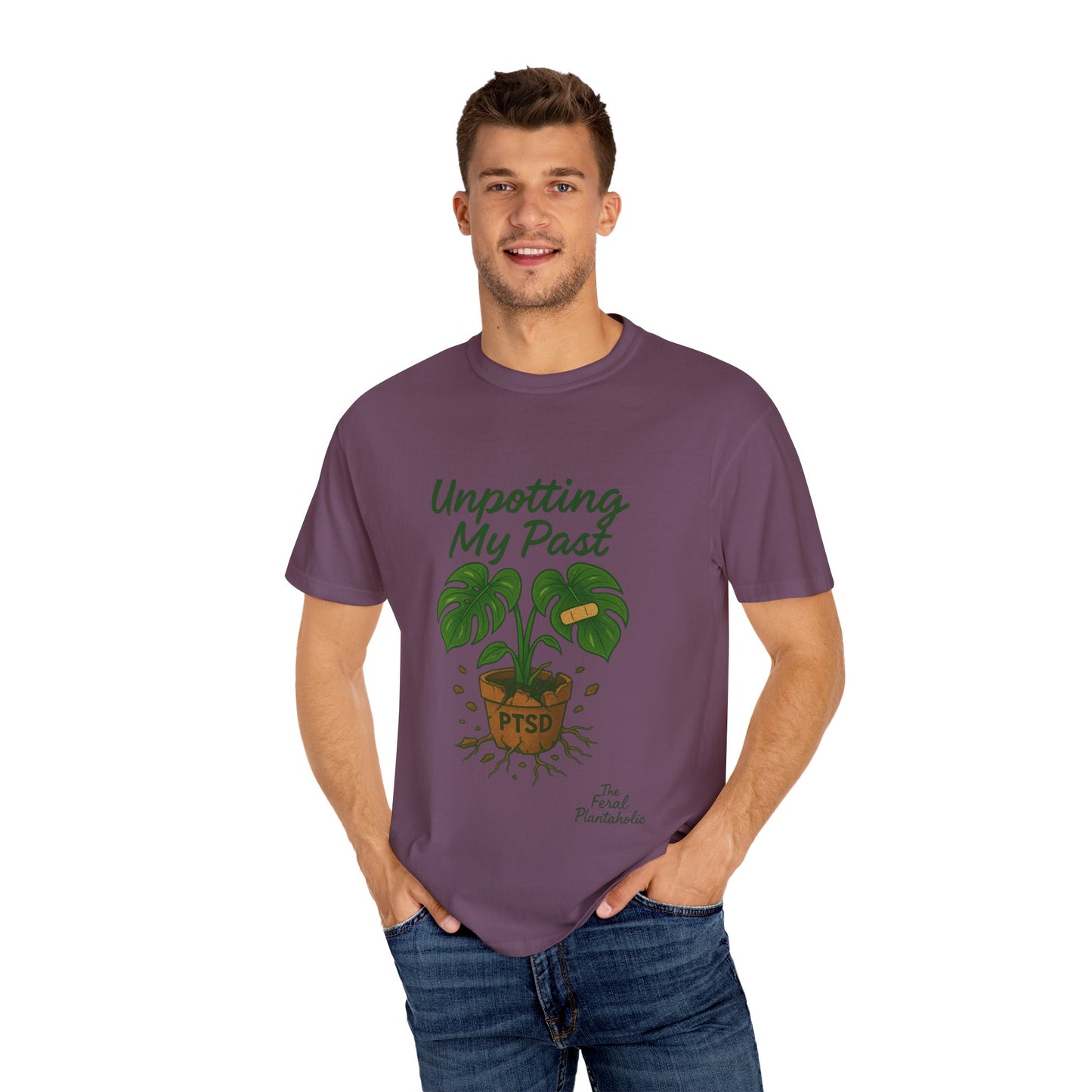 Unisex Garment-Dyed T-Shirt - "Unpotting My Past" with Monstera Design for Mental Health Awareness