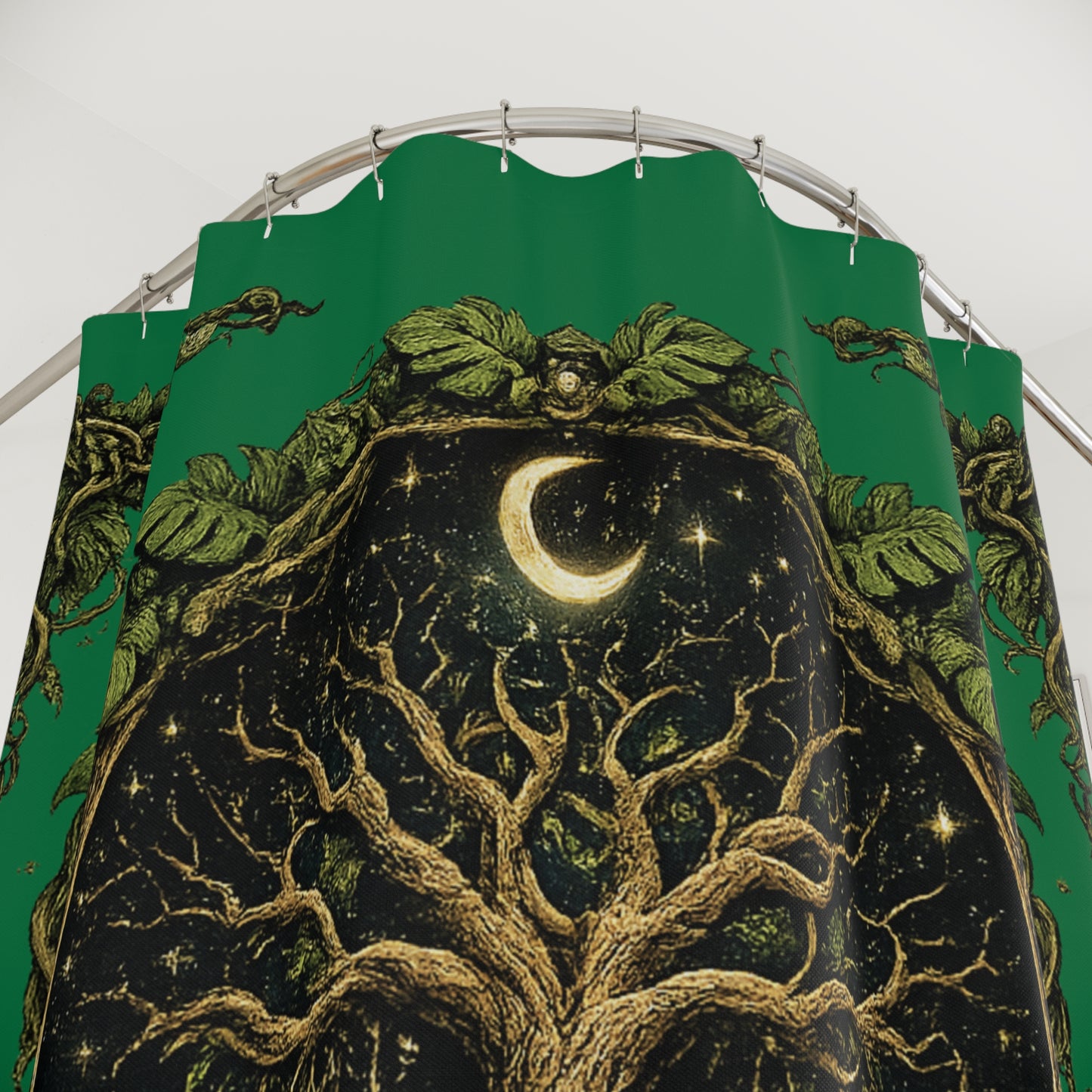 Celtic Tree of Life Shower Curtain — Moonlit Green Mystical Bathroom Decor