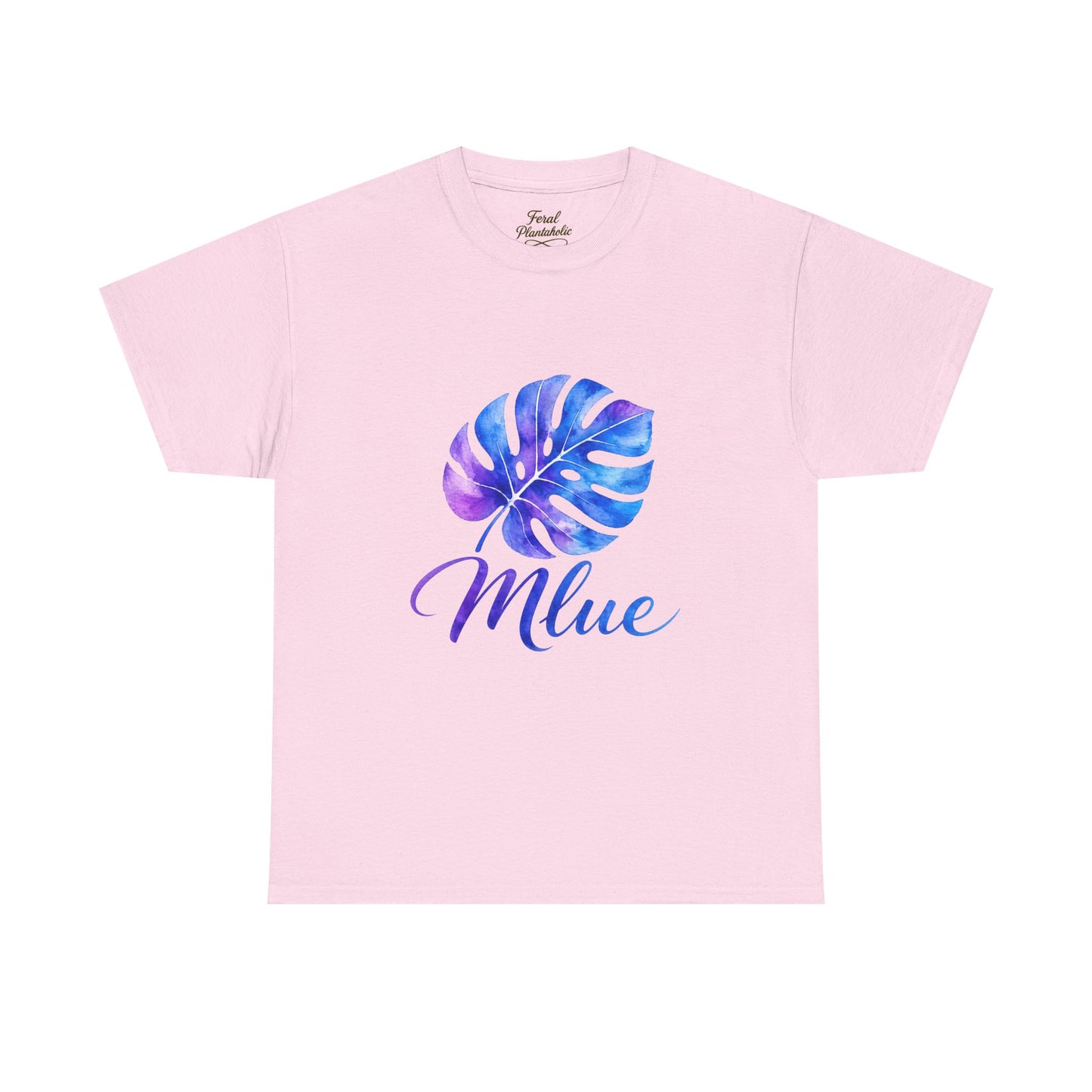 Blue Watercolor Monstera T‑Shirt — Tropical Leaf Graphic Tee with 'Blue' Script