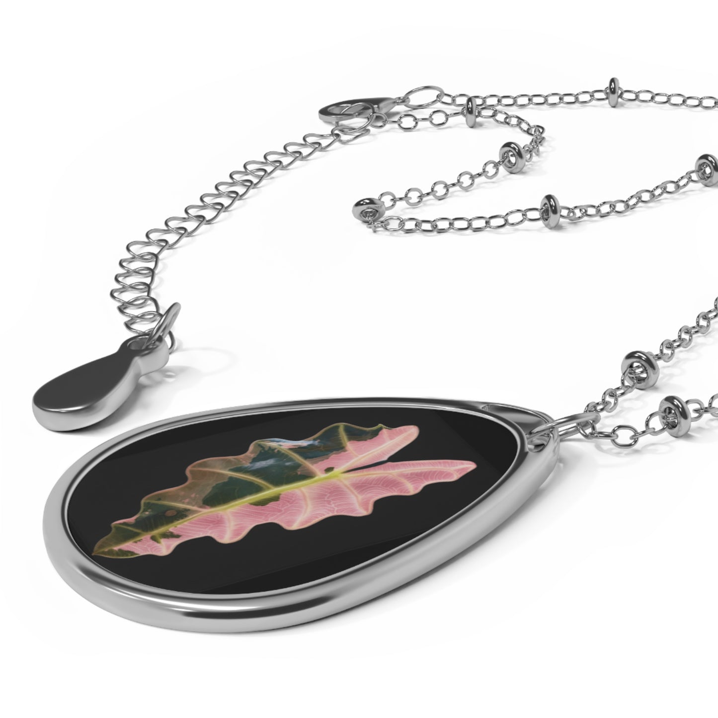 Pink Leaf Oval Necklace — Botanical Teardrop Pendant