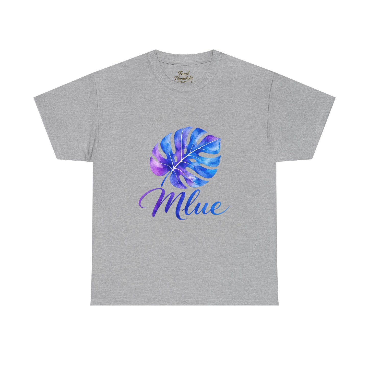 Blue Watercolor Monstera T‑Shirt — Tropical Leaf Graphic Tee with 'Blue' Script