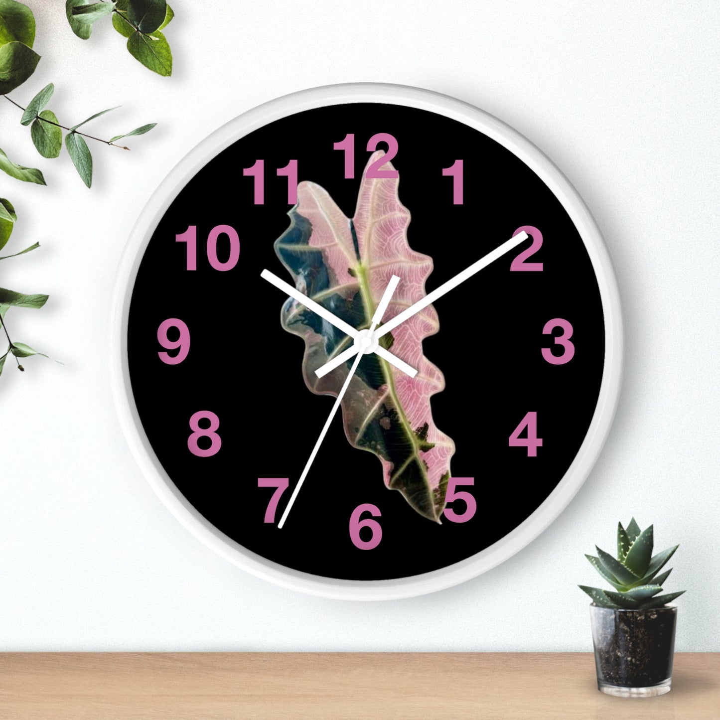 Pink Variegated Leaf Wall Clock — Botanical Nature Decor