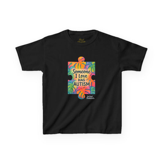 Kids T‑Shirt — "Someone I Love Has Autism" Colorful Puzzle Awareness Tee