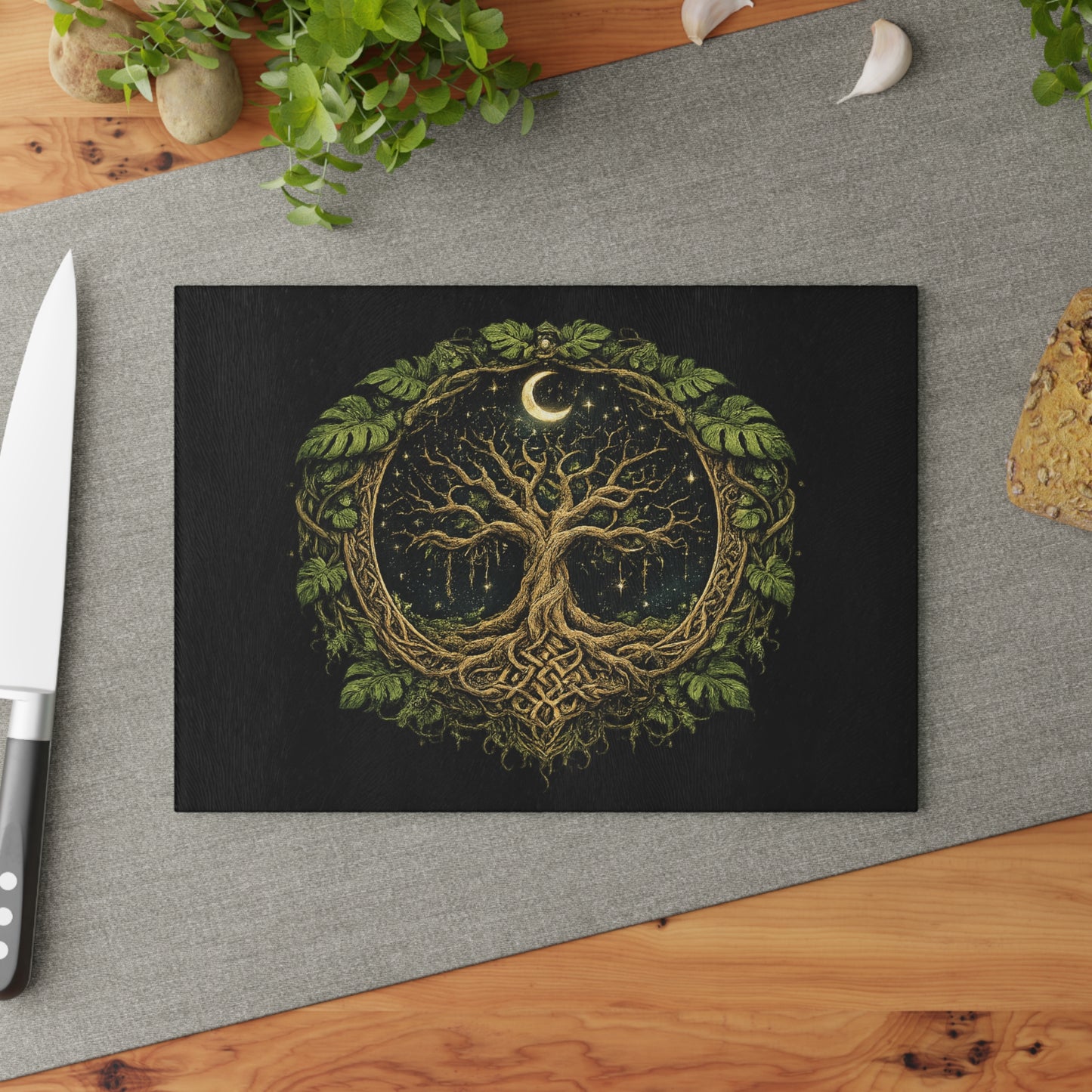 Glass Cutting Board — Celtic Tree of Life Moon Design