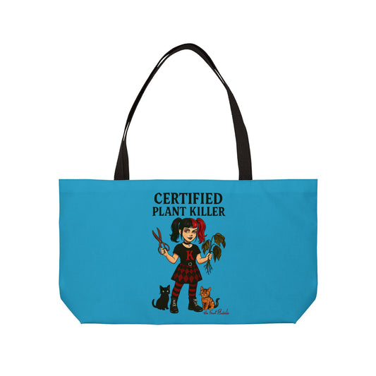 Certified Plant Killer Weekender Tote Bag, Eco-Friendly Bag, Gardening Gift, Cat Lover Tote, Plant Mom Accessory, Funny Gift for Her