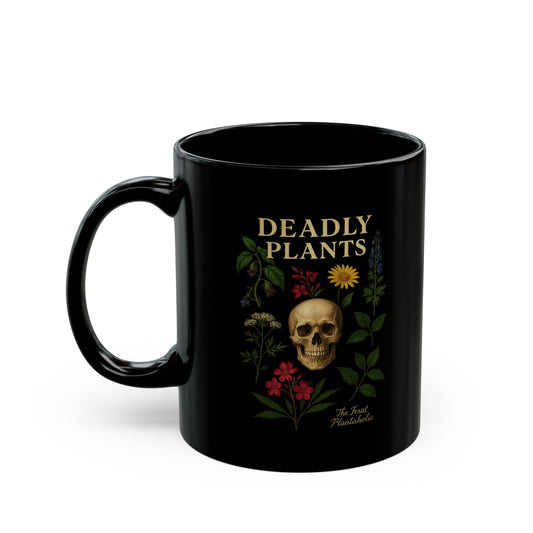 Deadly Plants Black Mug — Skull & Botanical Tea Coffee Cup (11oz/15oz)