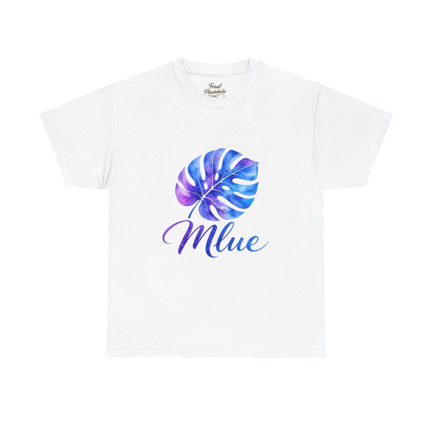 Blue Watercolor Monstera T‑Shirt — Tropical Leaf Graphic Tee with 'Blue' Script