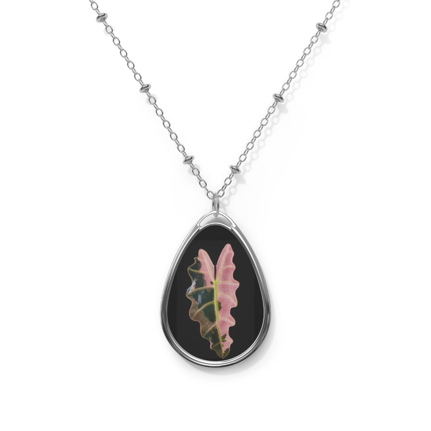 Pink Leaf Oval Necklace — Botanical Teardrop Pendant