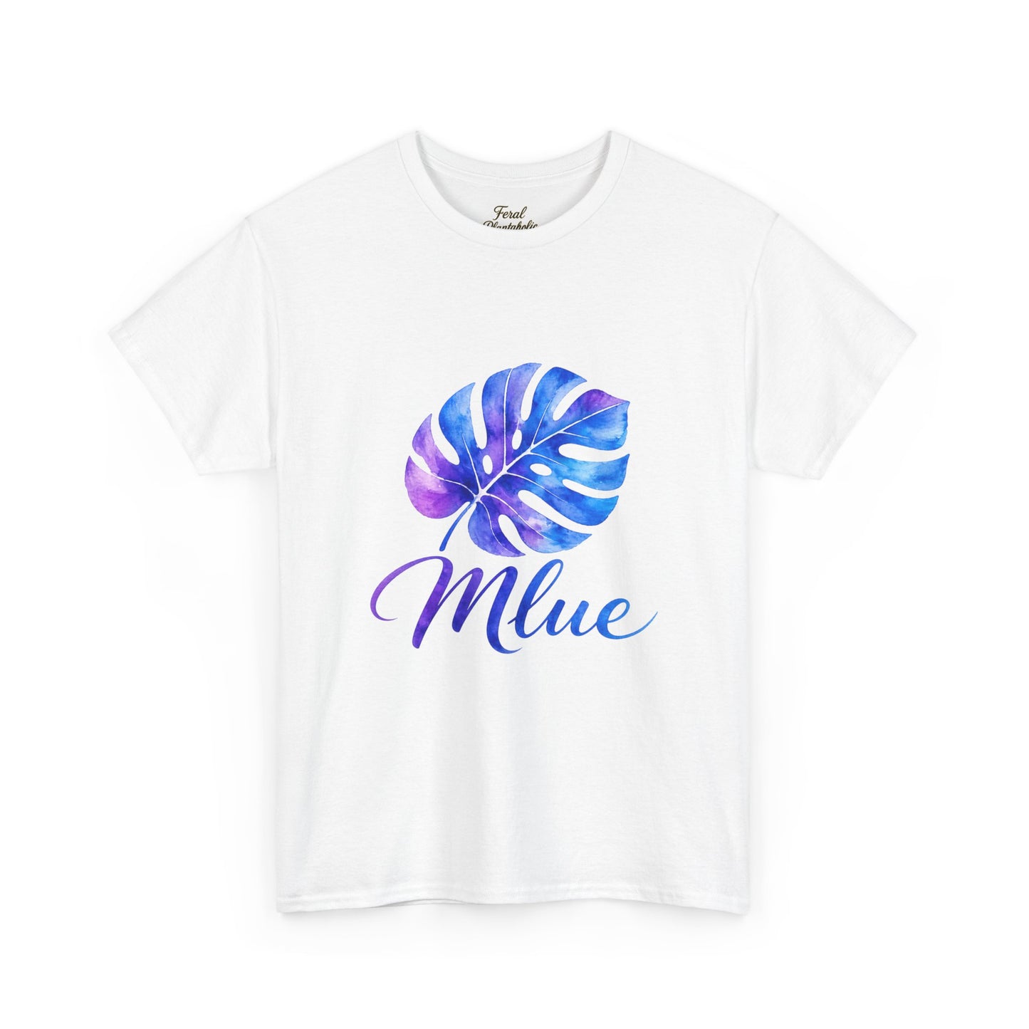 Blue Watercolor Monstera T‑Shirt — Tropical Leaf Graphic Tee with 'Blue' Script