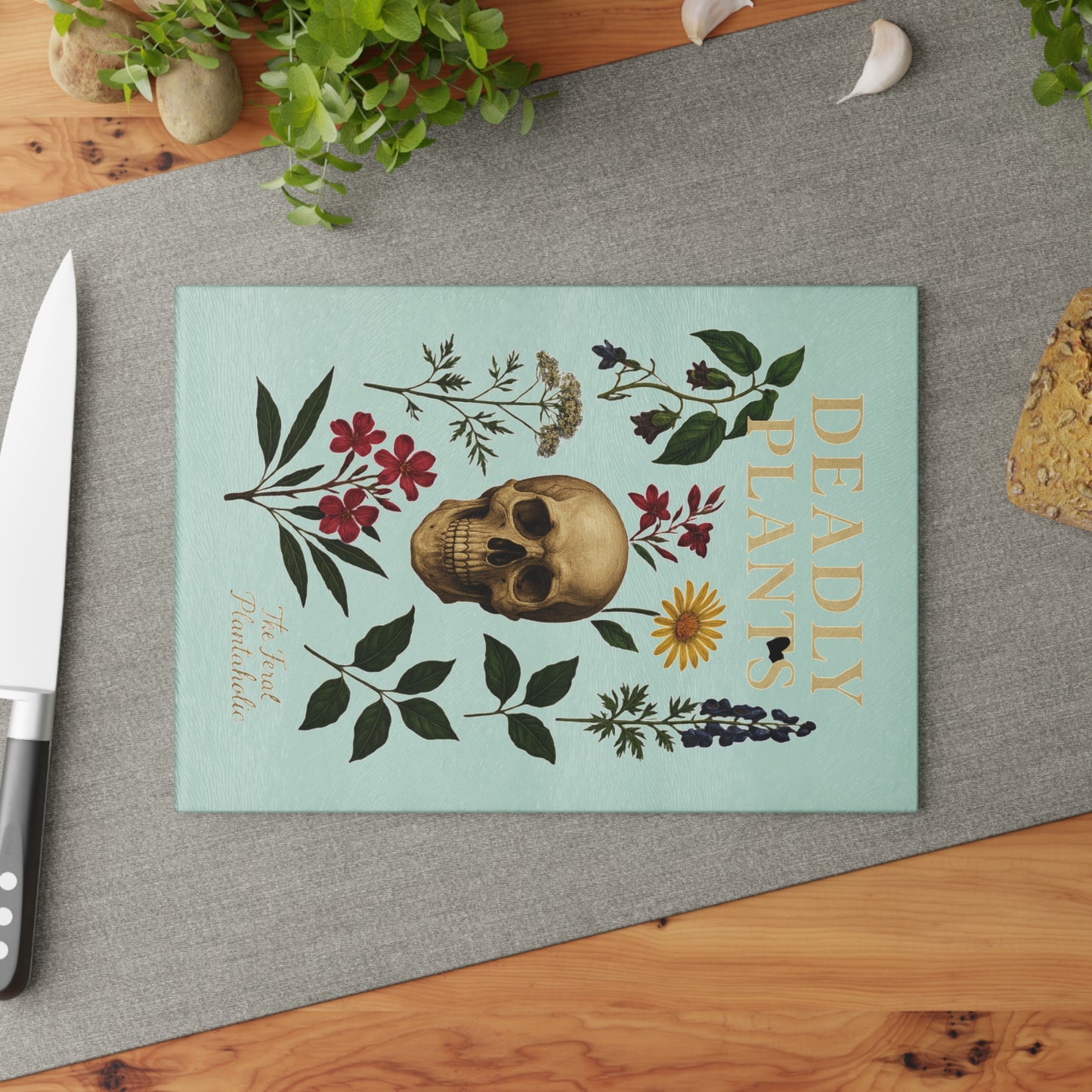Glass Cutting Board — 'Deadly Plants' Floral Skull Decorative Kitchen Cutting Board