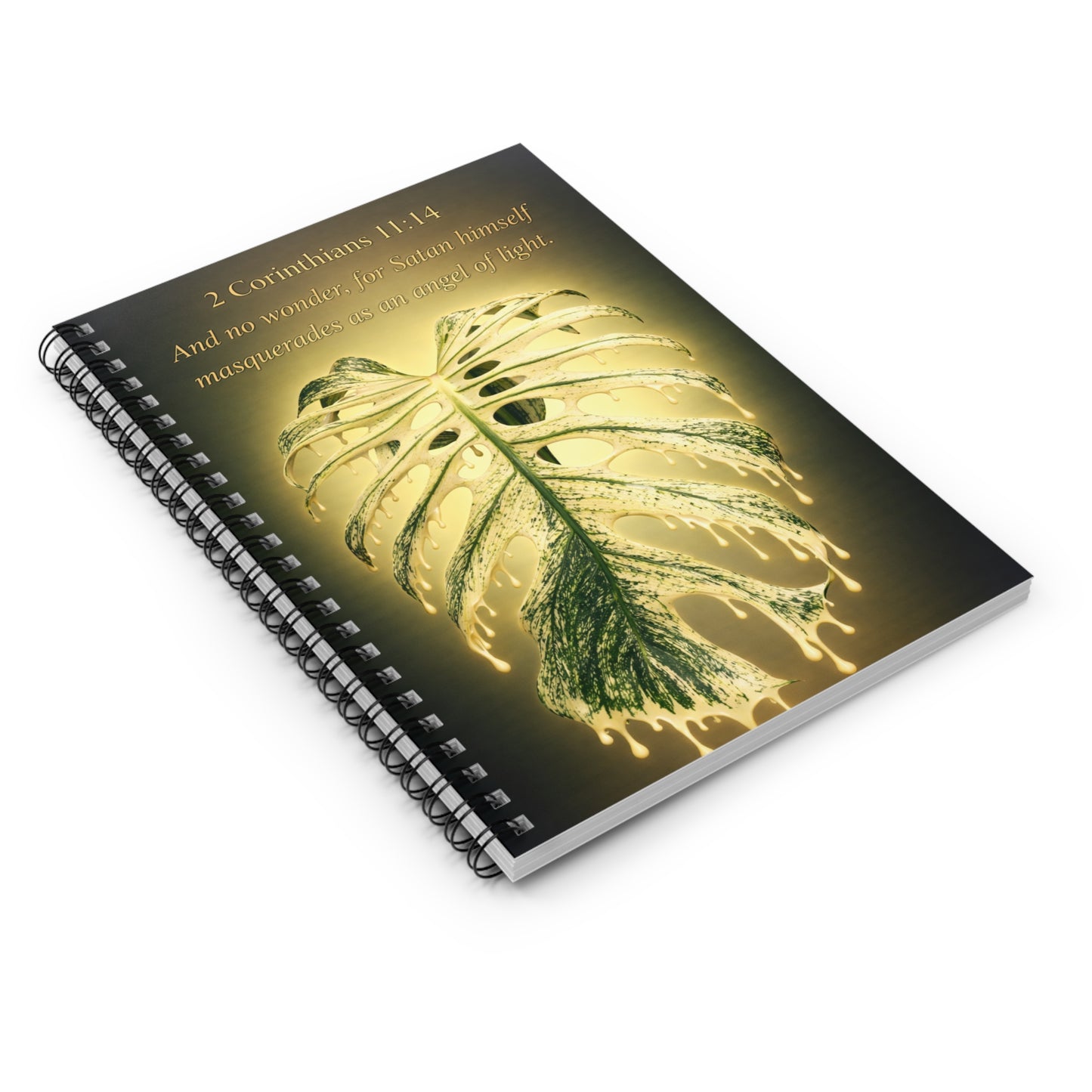 Christian Verse Spiral Notebook — 2 Corinthians 11:14 Monstera Leaf Journal