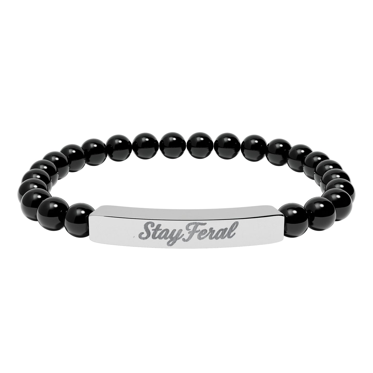 Engravable Natural Stone Bar Bracelet — Personalized Stretch Beaded Bracelet (e.g., "Stay Feral")