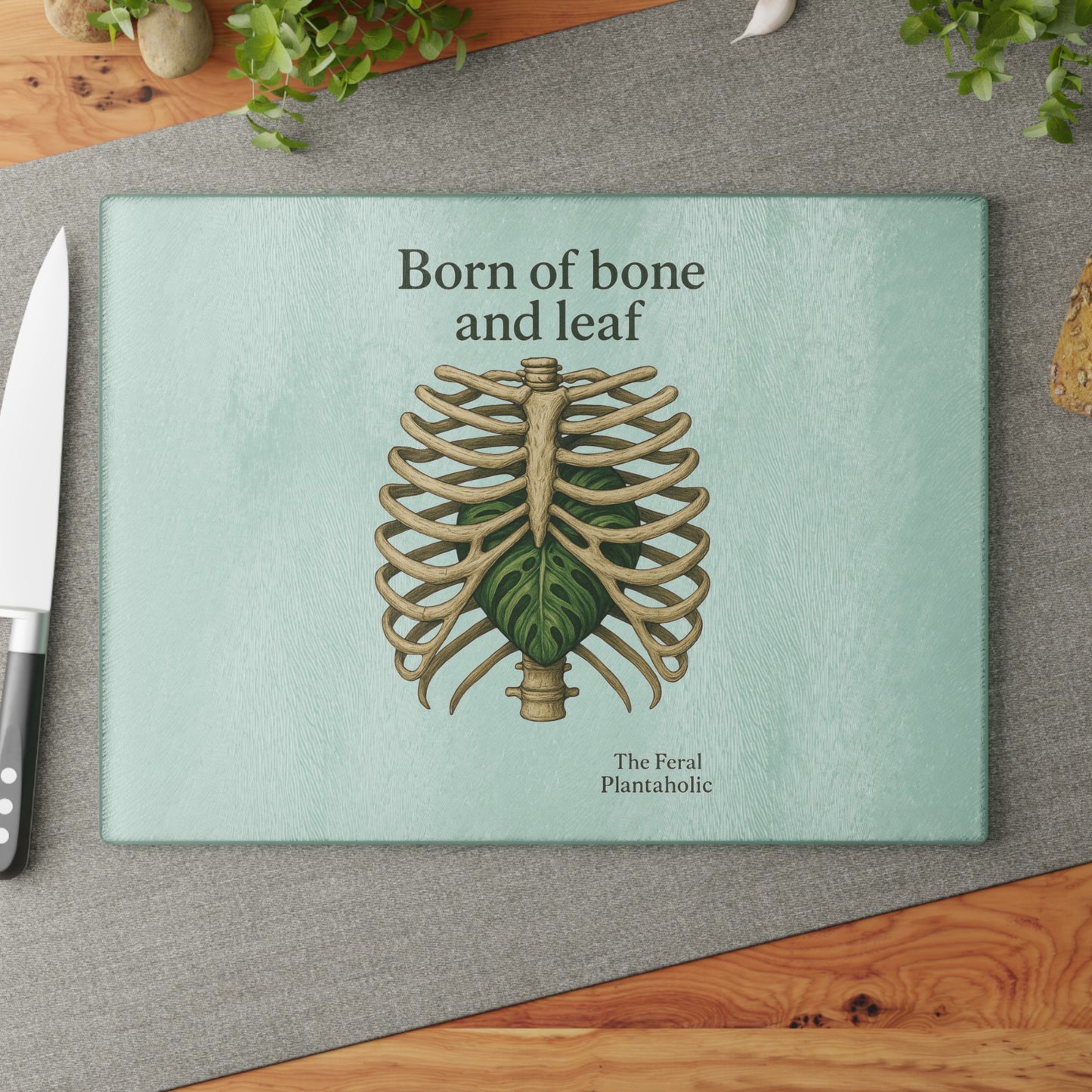 Glass Cutting Board - "Born of Bone and Leaf" Botanical Ribcage Design