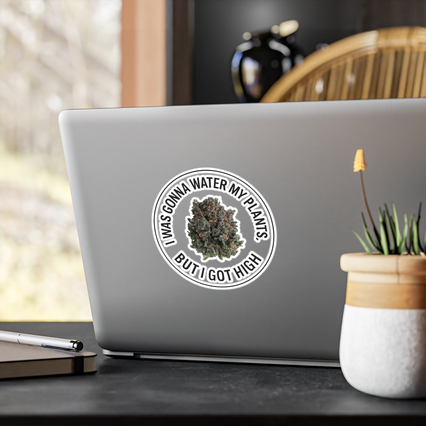 Kiss-Cut Vinyl Sticker — “I Was Gonna Water My Plants But I Got High” Cannabis Nug Decal