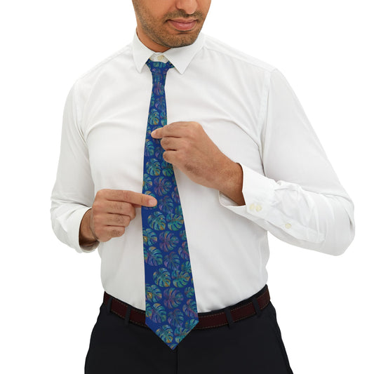 Monstera Print Necktie for Men, blue/purple