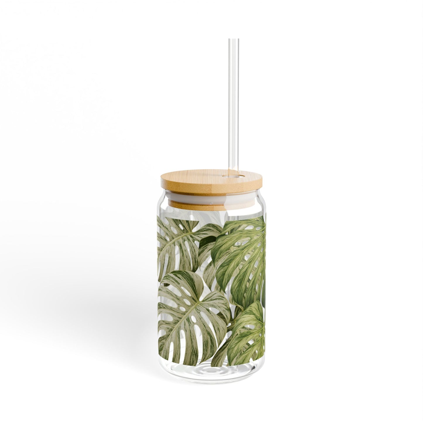 Monstera Leaf 16oz Glass Sipper with Bamboo Lid – Tropical Reusable Drink Cup