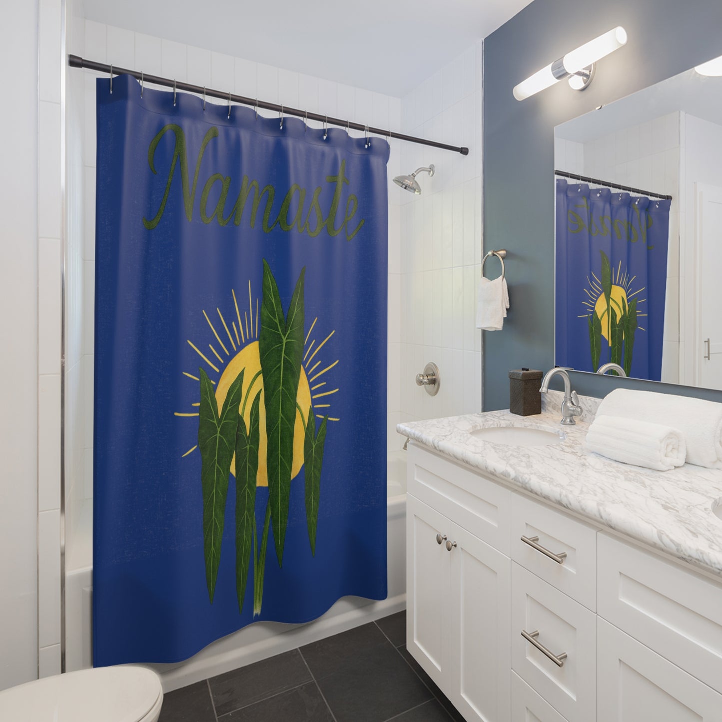 Namaste Shower Curtain — Boho Sun & Tropical Leaves Bathroom Decor