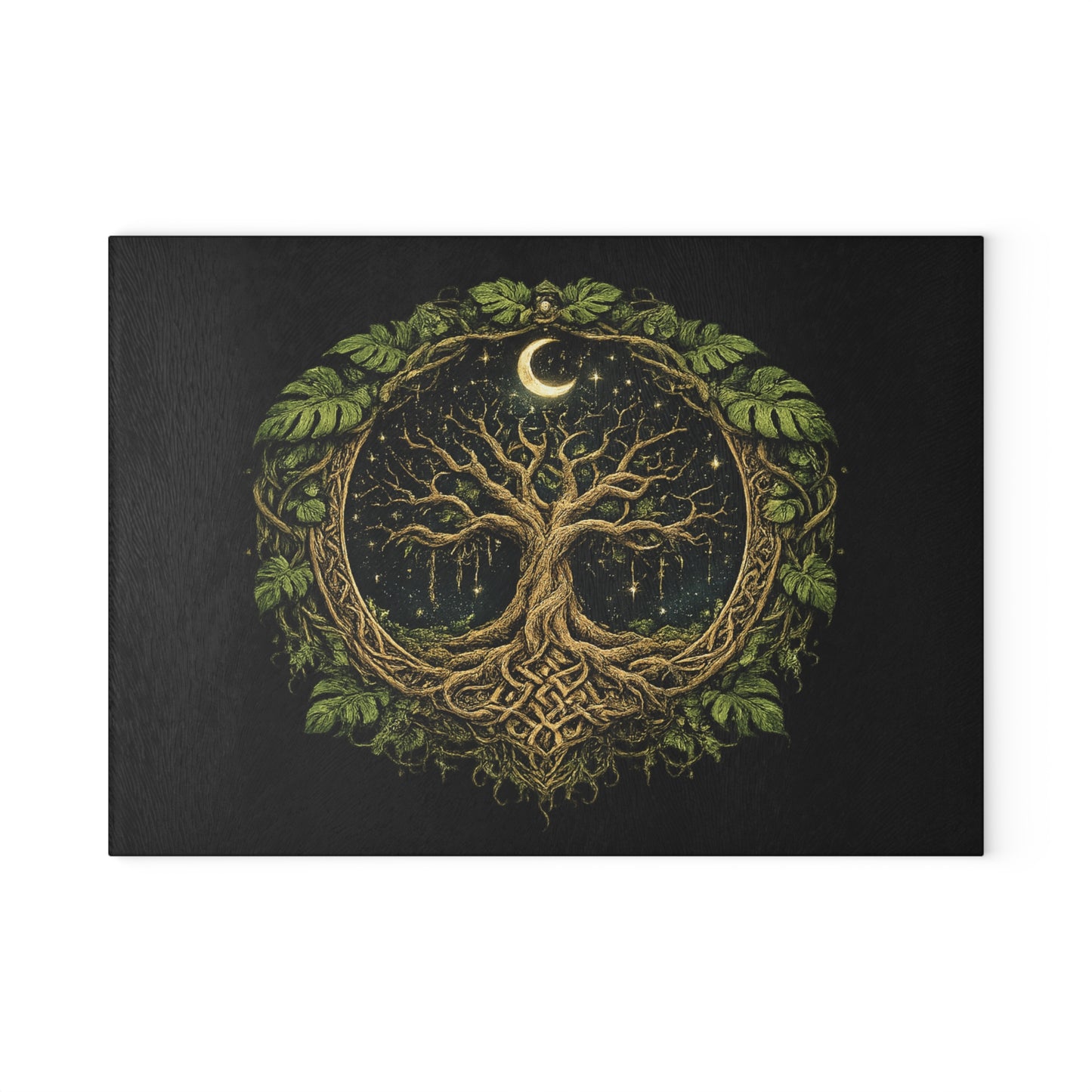 Glass Cutting Board — Celtic Tree of Life Moon Design