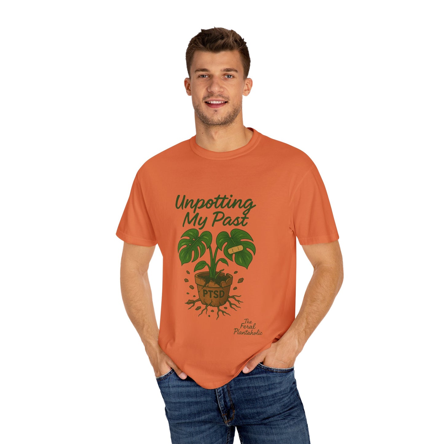 Unisex Garment-Dyed T-Shirt - "Unpotting My Past" with Monstera Design for Mental Health Awareness