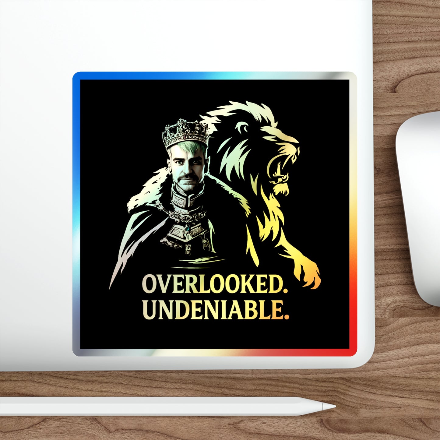 Holographic Lion Crest Sticker — “Overlooked. Undeniable.” Die-Cut Vinyl