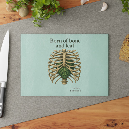 Glass Cutting Board - "Born of Bone and Leaf" Botanical Ribcage Design