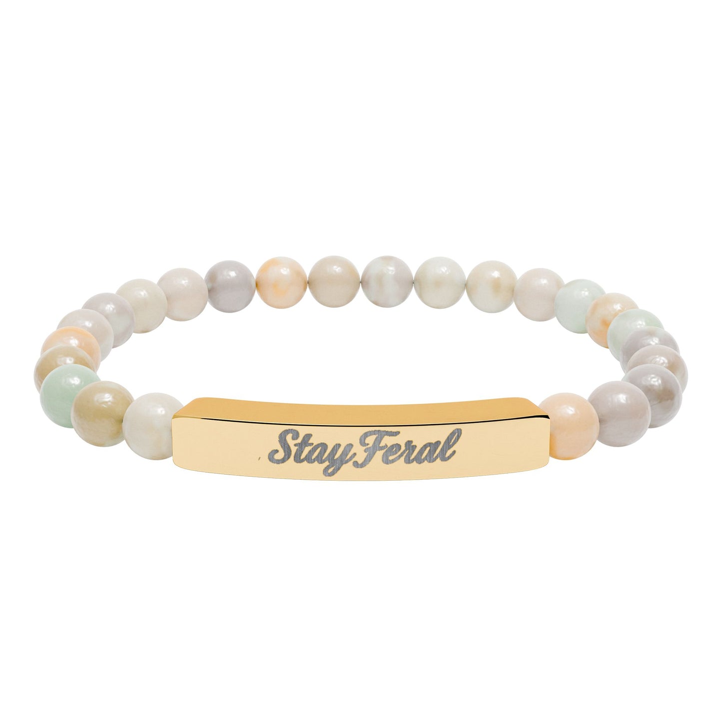 Engravable Natural Stone Bar Bracelet — Personalized Stretch Beaded Bracelet (e.g., "Stay Feral")